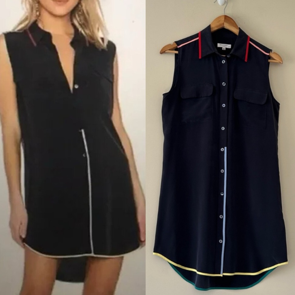 EQUIPMENT FEMME Navy Blue Shirt Dress 100% Silk Colorful Trim Button Down Small